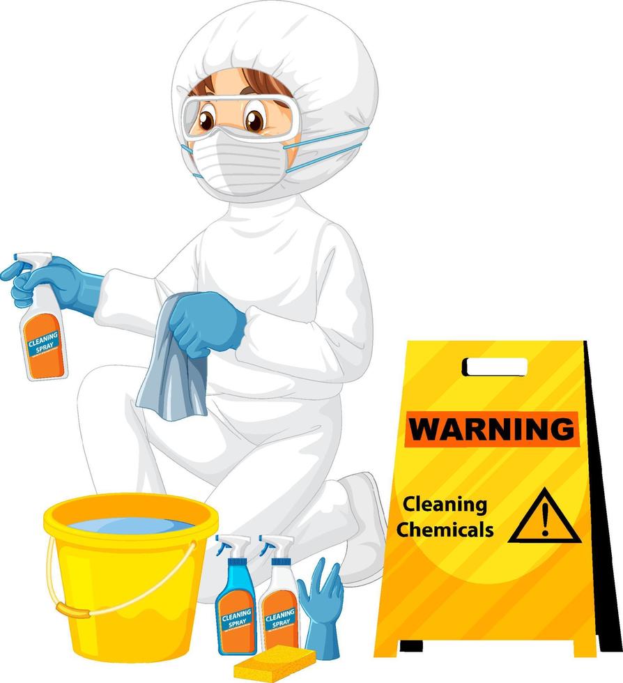 man in beschermend hazmat-pak met bord met schoonmaakchemicaliën vector