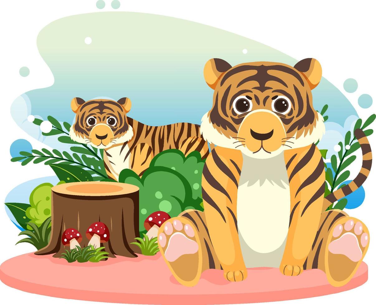 twee schattige tijgers in platte cartoonstijl vector