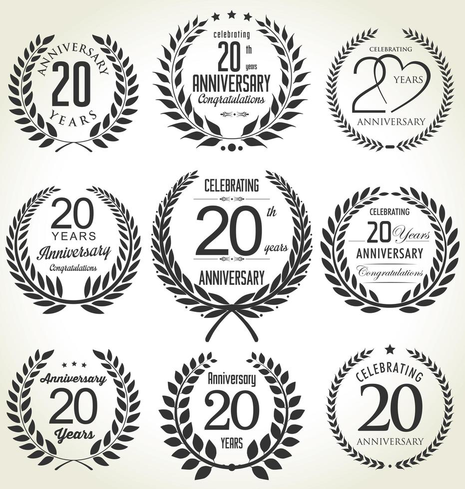 20e verjaardag zwarte badges vector