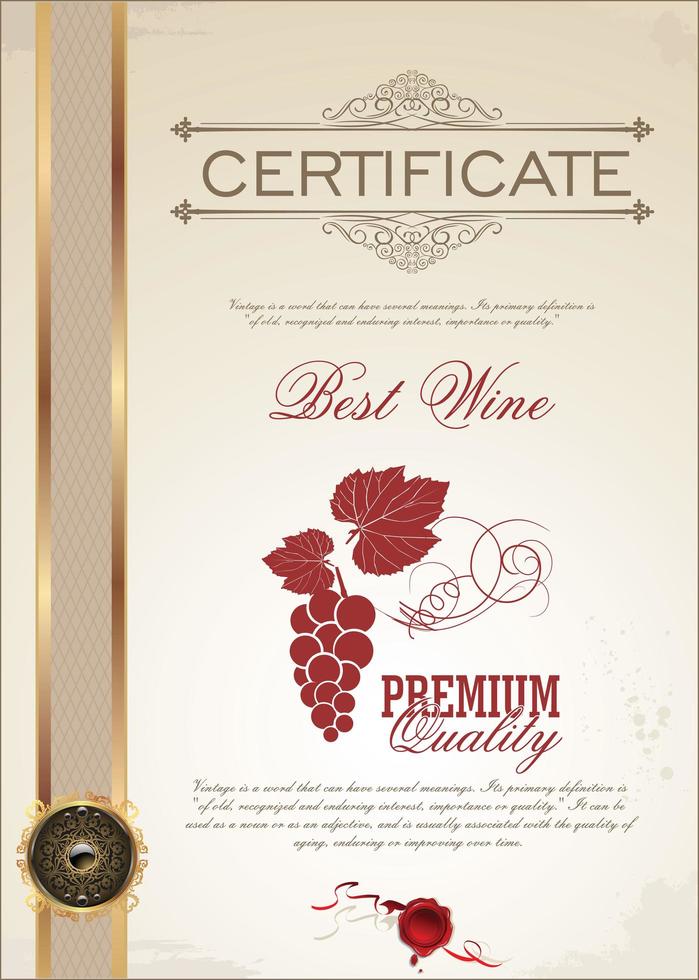 wijn certificaatsjabloon met gouden sticker vector
