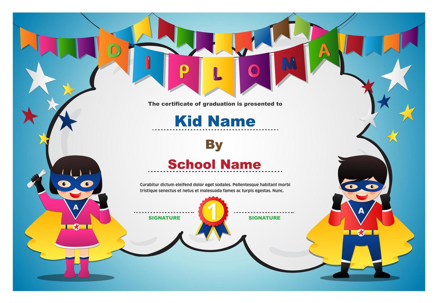 superheld kinderen en garland diploma ontwerp vector