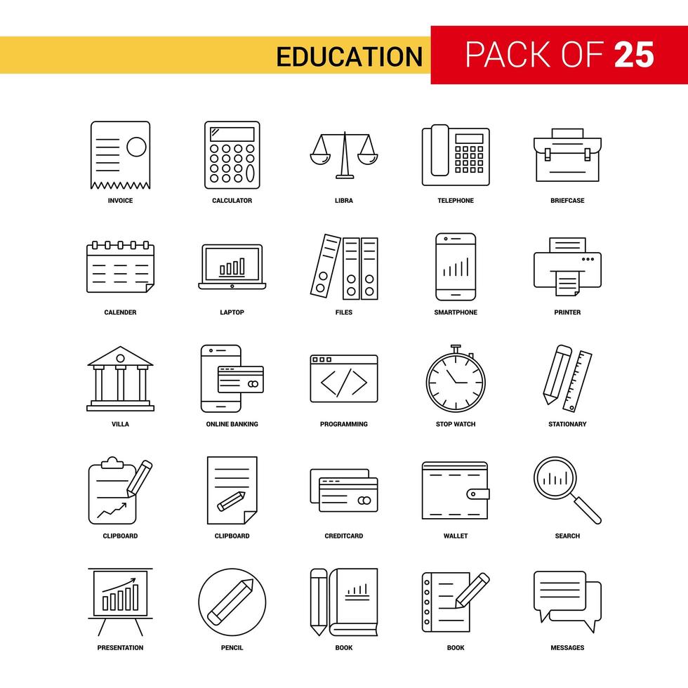 onderwijs zwarte lijn icon pack van 25 vector