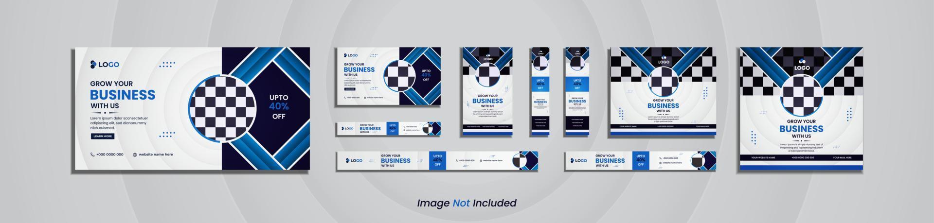 moderne zakelijke webbanner en social media postpack-ontwerp met diepe en hemelsblauwe abstracte vormen. vector
