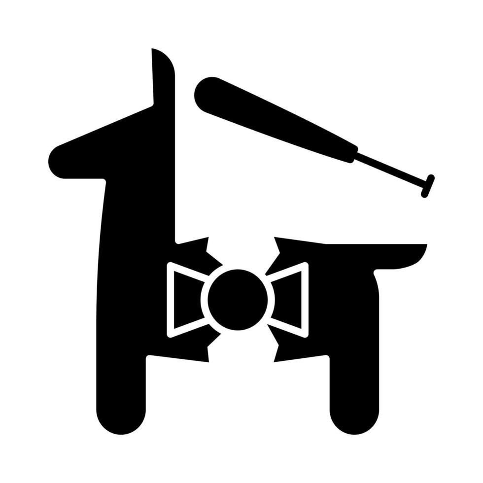 pinata glyph-pictogram. paard figuur met speelgoed en snoep. silhouet symbool. negatieve ruimte. vector geïsoleerde illustratie