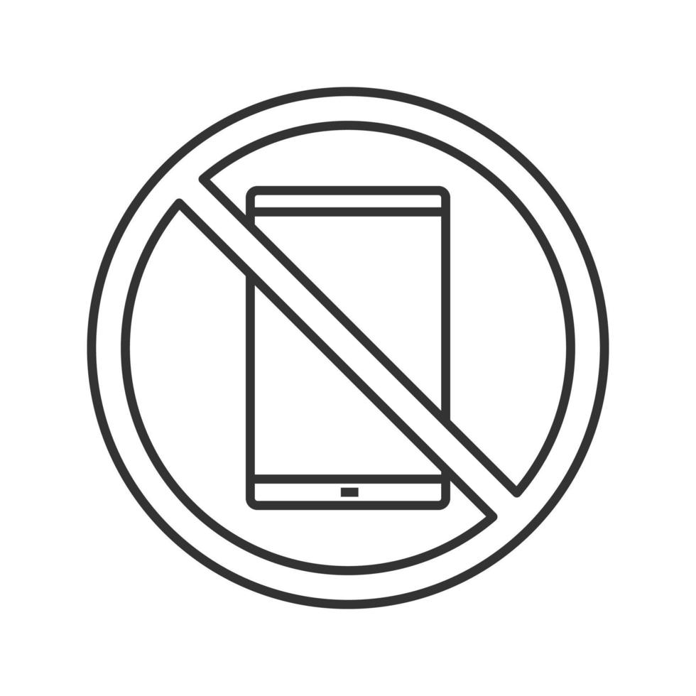 verboden bord met lineaire telefoonpictogram. dunne lijn illustratie. geen smartphoneverbod. stop contour symbool. vector geïsoleerde overzichtstekening