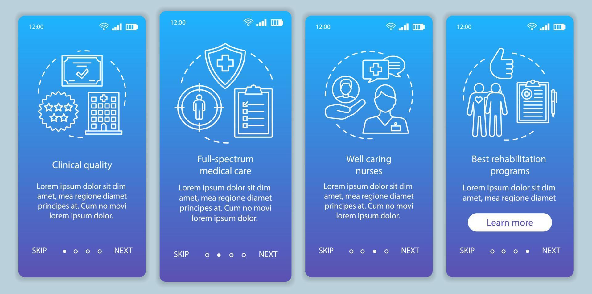 medische dienst vooruitgang onboarding mobiele app pagina scherm vector sjabloon. kwalitatieve klinische behandeling. walkthrough website stappen met lineaire illustraties. ux, ui, gui smartphone-interfaceconcept