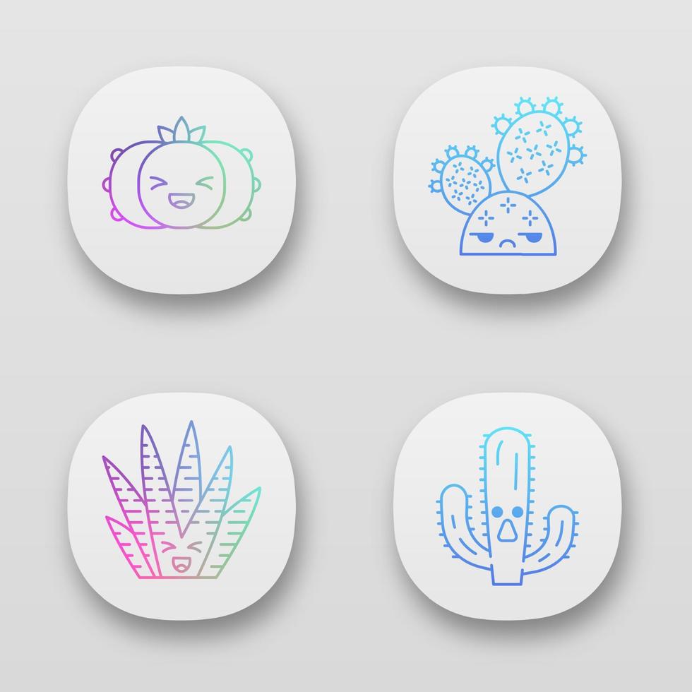 cactussen app pictogrammen instellen. planten met lachende gezichten. lachende peyote- en zebracactussen. unamused cactusvijg wilde cactussen. ui ux-gebruikersinterface. web- of mobiele applicaties. geïsoleerde vectorillustraties vector