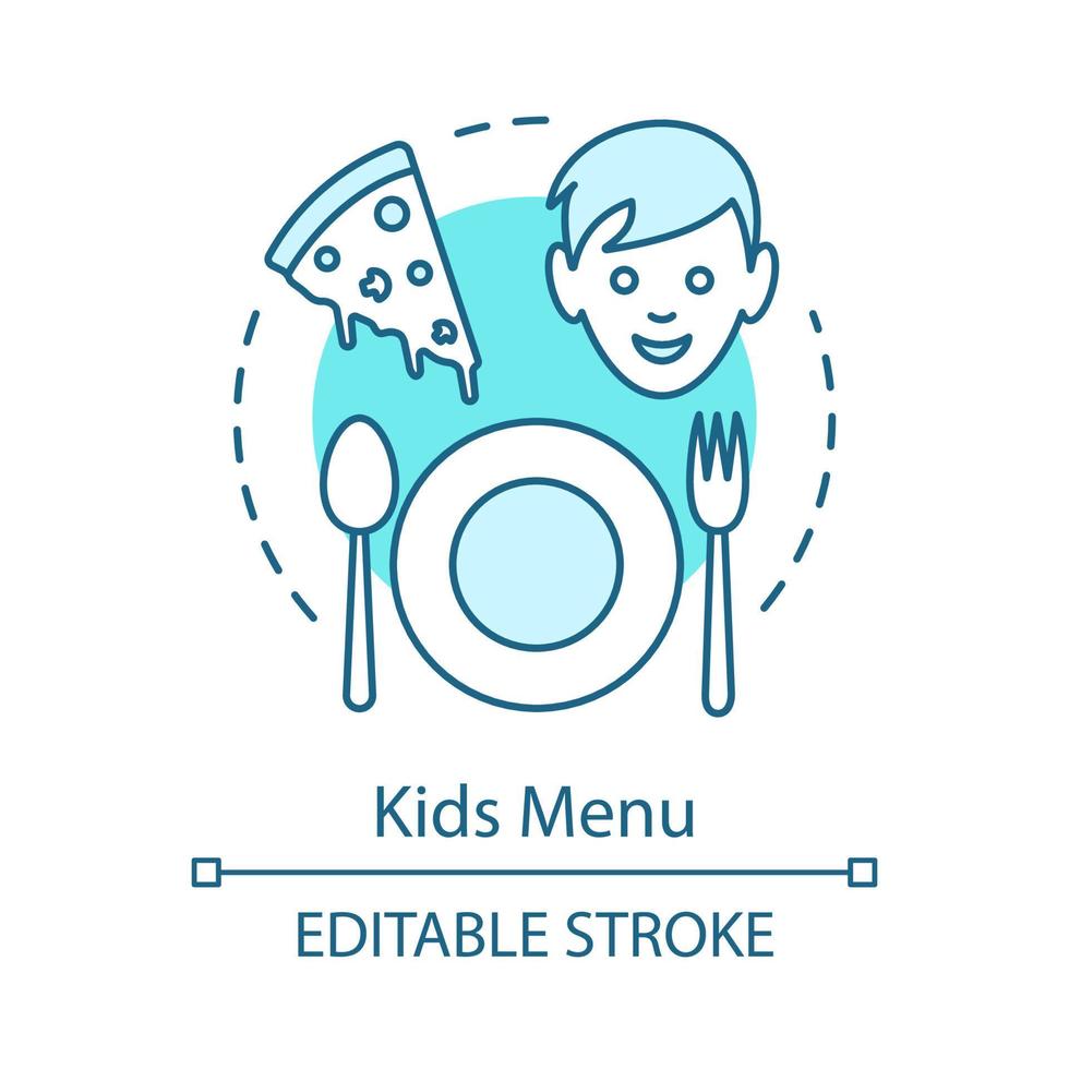 kindermenu concept icoon. familie café. ongezonde voeding. fastfood maaltijd. serveren, gerecht, kind, pizza. kinderen pizzeria idee dunne lijn illustratie. vector geïsoleerde overzichtstekening. bewerkbare streek