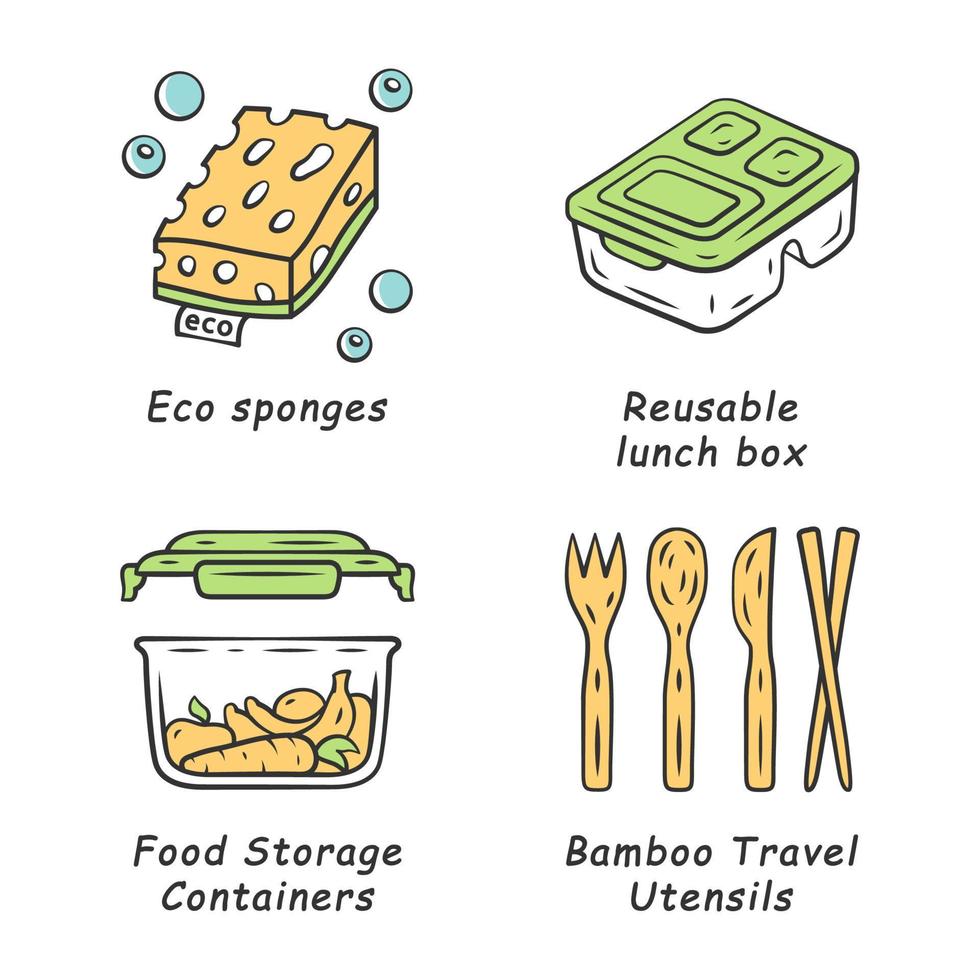 nul afval swaps handgemaakte kleur iconen set. eco vriendelijke, biologische, duurzame, natuurlijke producten. materialen recyclen. eco-sponzen, herbruikbare lunchbox, voedselcontainers. geïsoleerde vectorillustraties vector