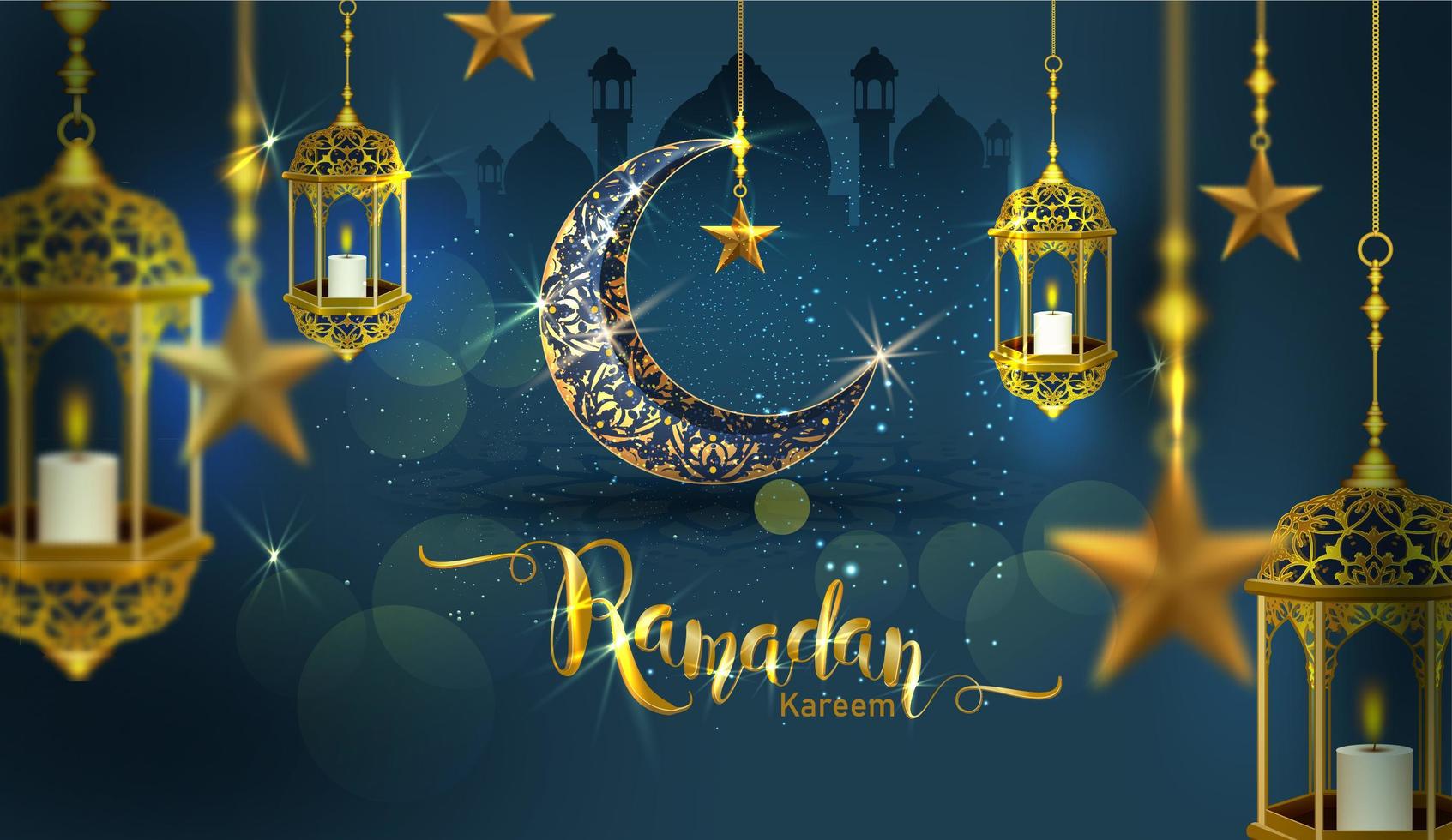 ramadan kareem poster met sierlijke wassende maan vector