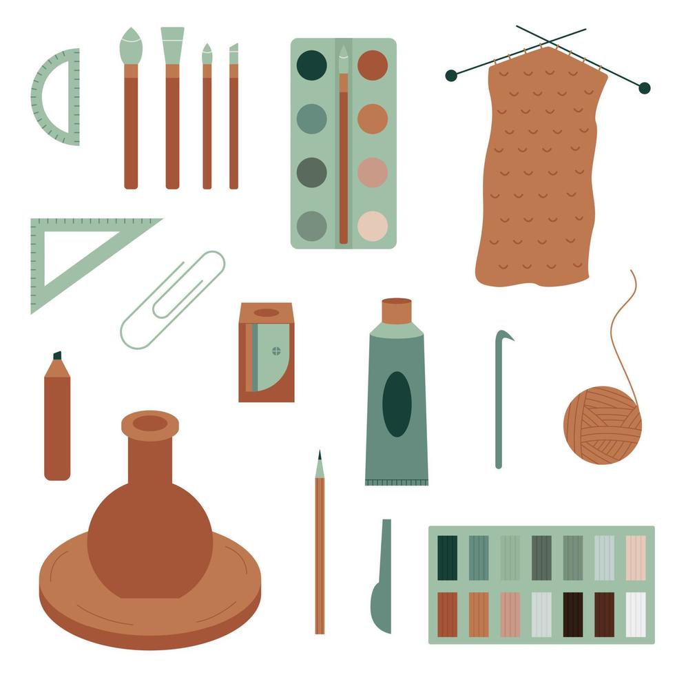 set tools voor hobby's en ambachten. boetseren van klei en plasticine, tekenen en breien. vlak. vector illustratie