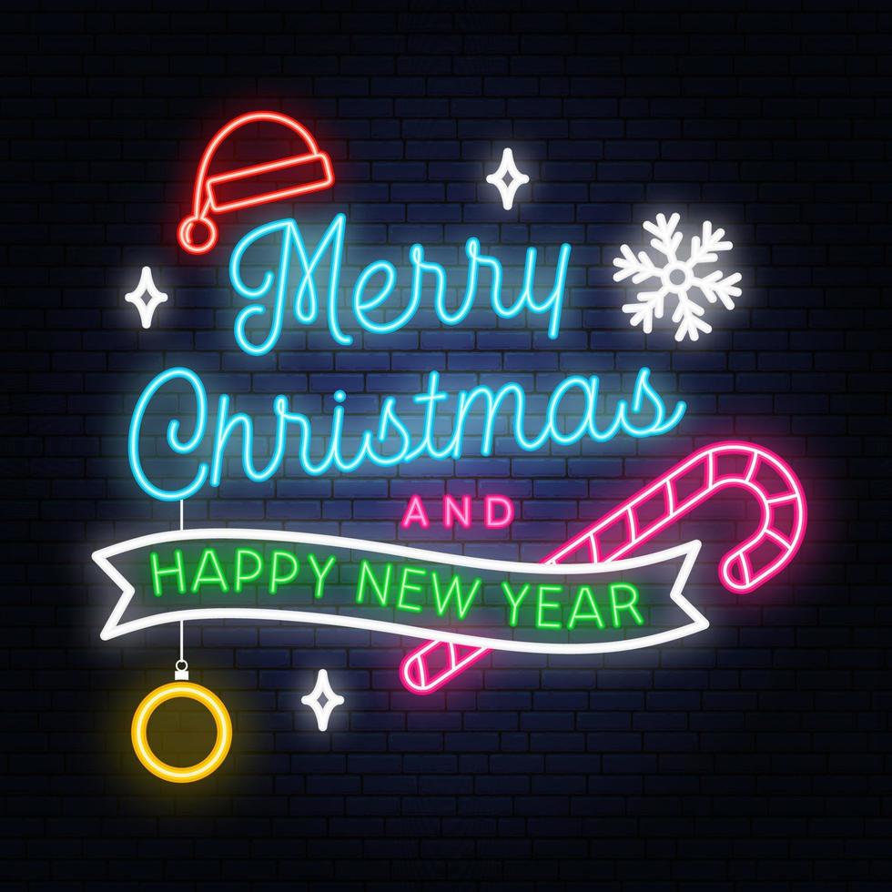 vrolijk kerstfeest en gelukkig nieuwjaar neonbord met sneeuwvlokken, hangende kerstbal, kerstmuts, snoep. vector