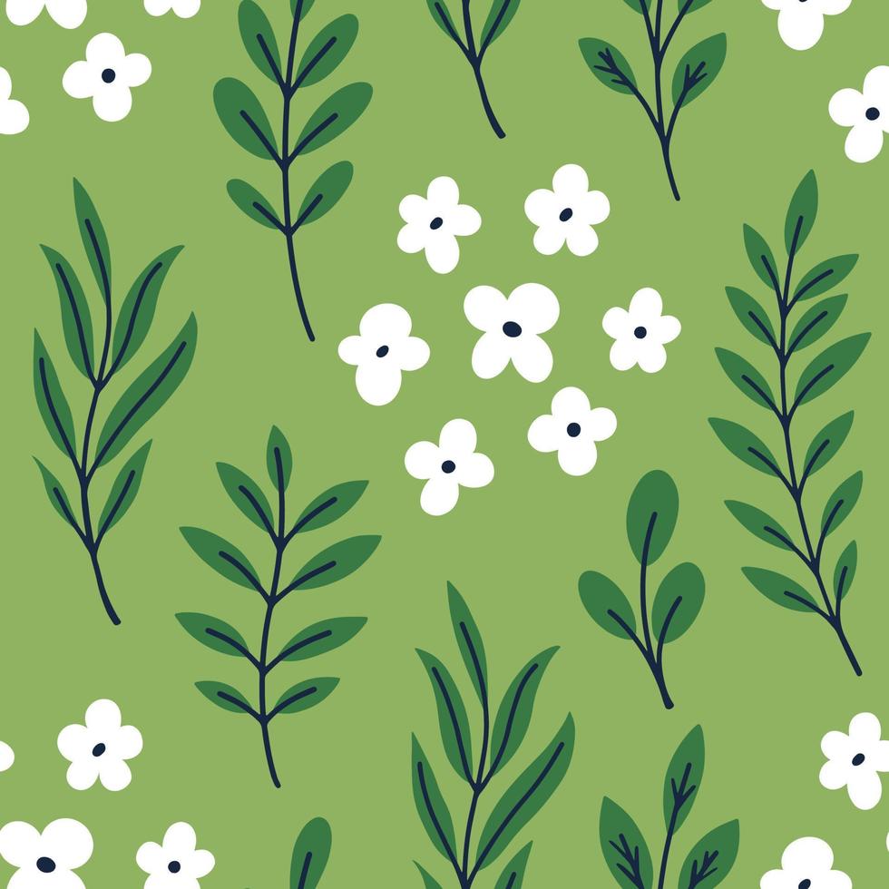 esthetisch eigentijds afdrukbaar naadloos patroon met lentebotanisch printontwerp. decoratieve kamille, bloemen en bladeren. pastel boho achtergrond in minimalistische stijl uit het midden van de eeuw voor verpakking. vector