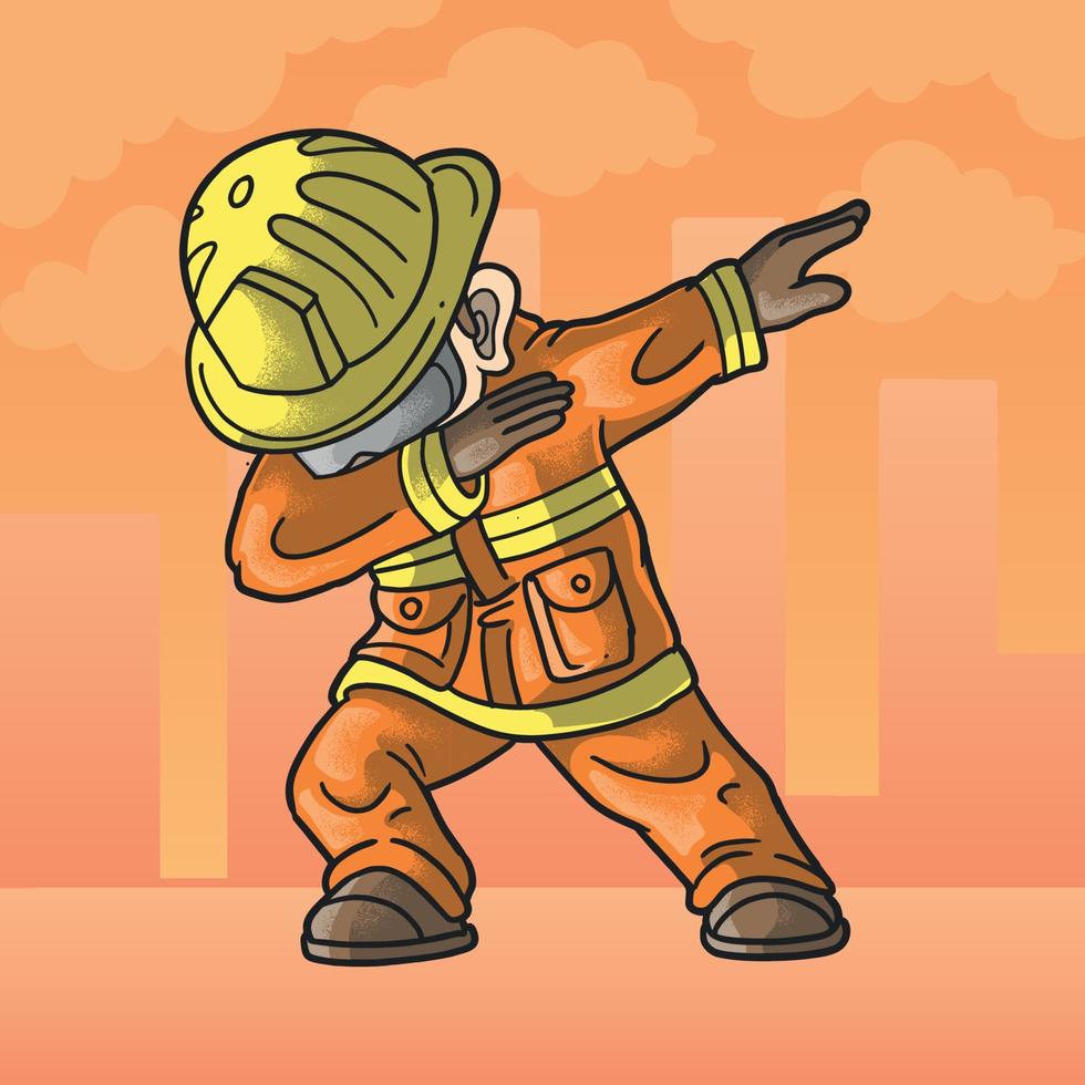 schattige brandweerman dabbing dansviering vector