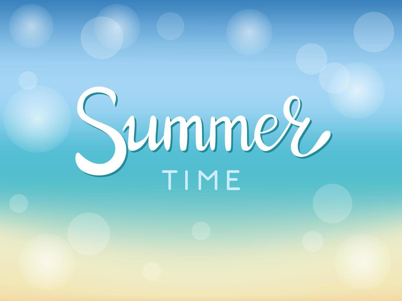 vector hand getekende tekst 'zomertijd'. geïsoleerde witte belettering zin op strand achtergrond wazig met highlites