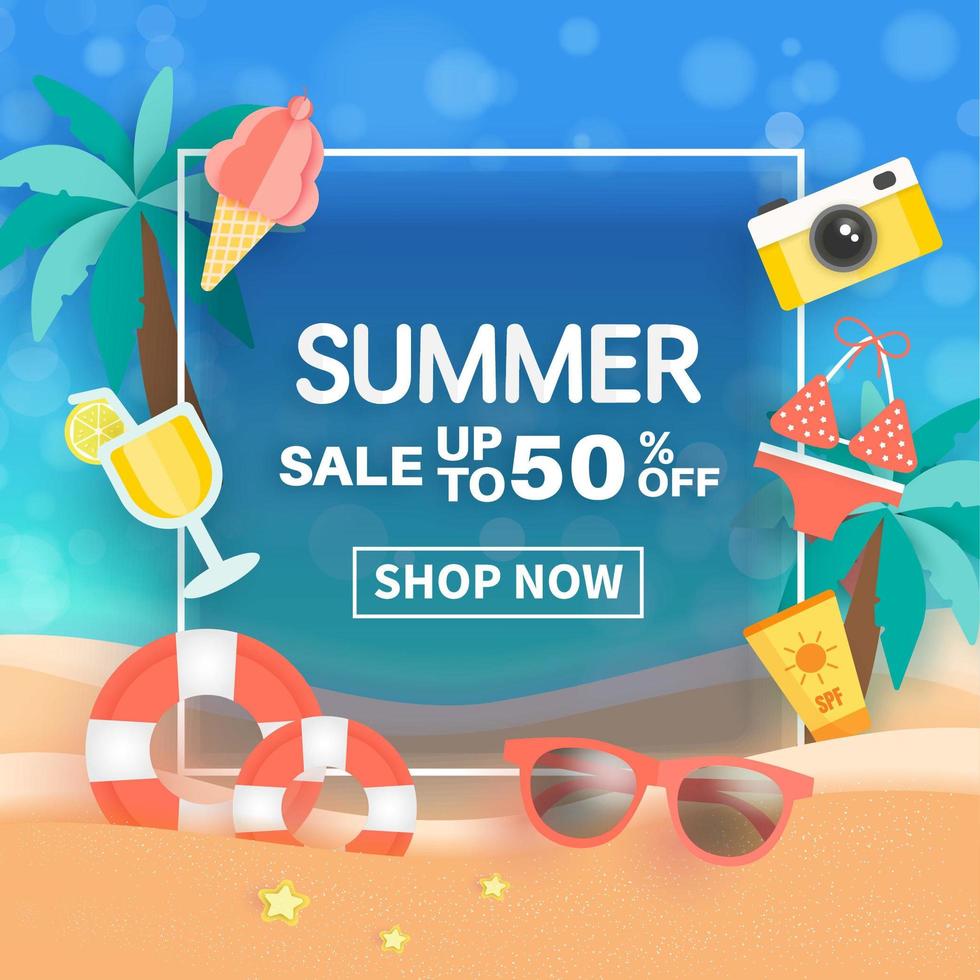 zomer verkoop banner met zomer elementen in frame vector