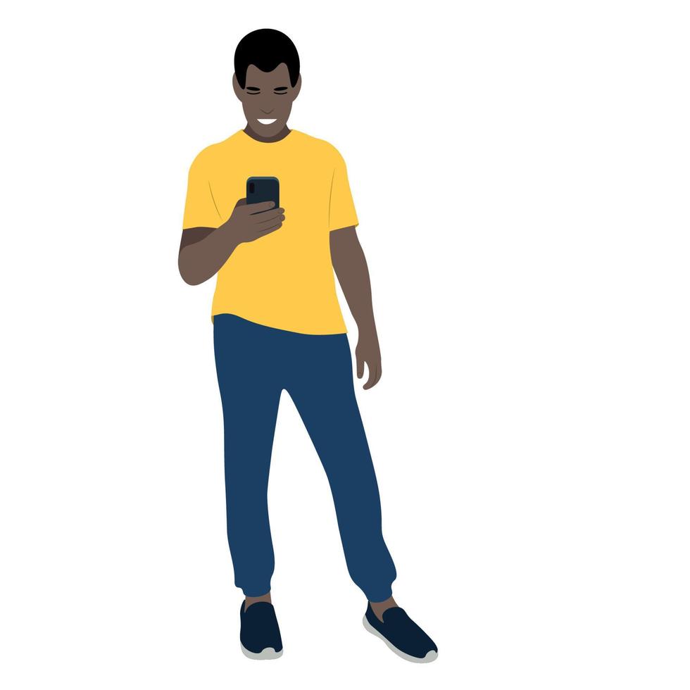 portret van een zwarte man in volle groei met een telefoon in zijn hand, vector geïsoleerd op een witte achtergrond, de man kijkt naar de smartphone