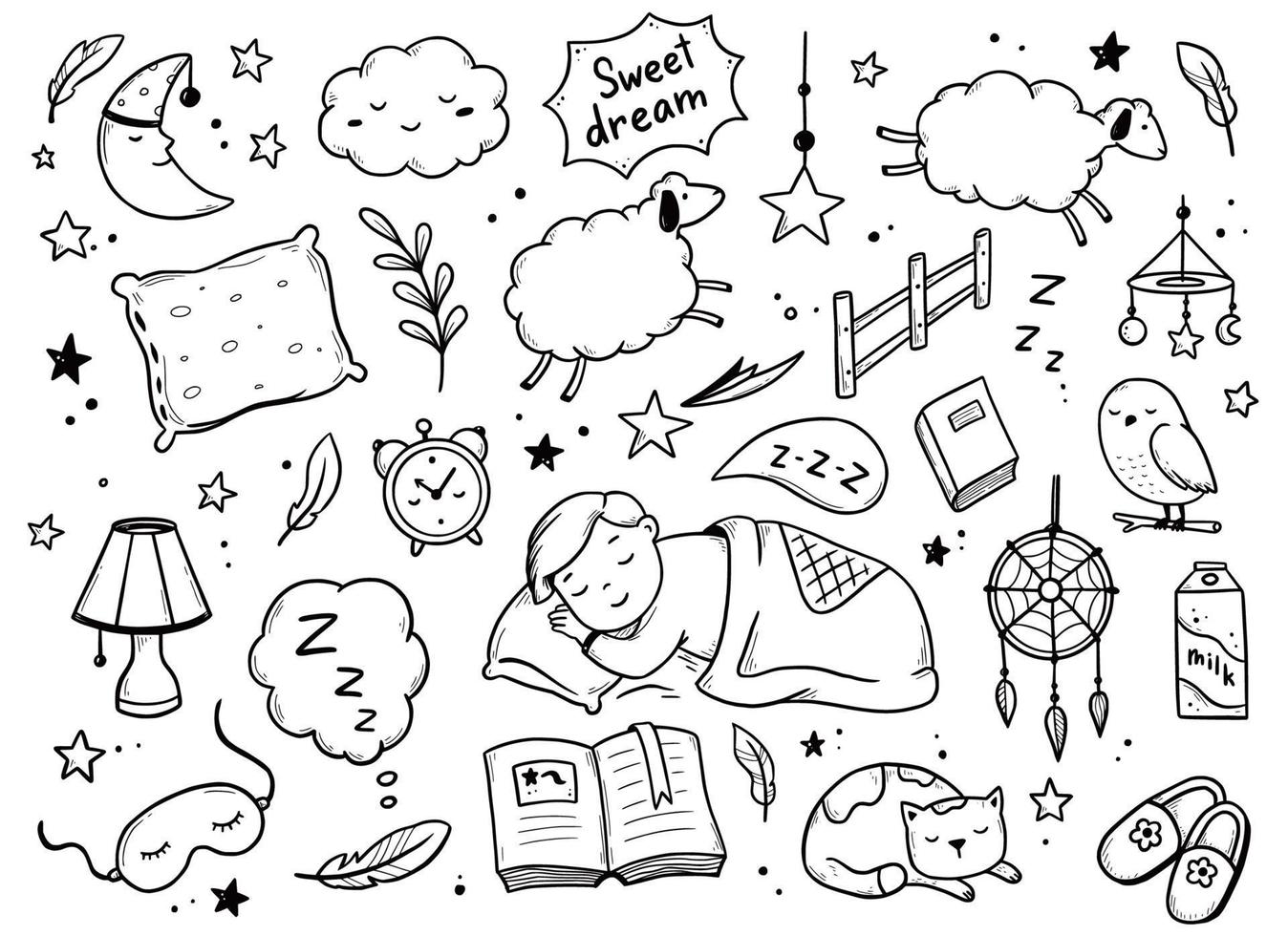 slaap, ontspan tijd, droomnacht doodle set vector