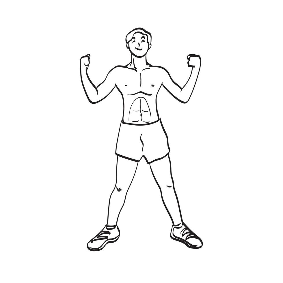 dunne bodybuilder poseren met zijn lichte spieren illustratie vector hand getekend geïsoleerd op een witte achtergrond lijntekeningen.