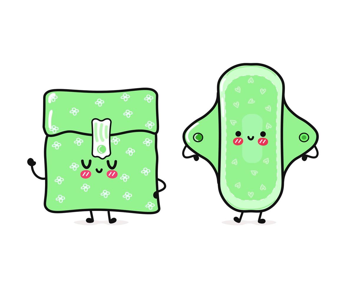 schattig, grappig vrolijk groen maandverband. vector hand getekend kawaii stripfiguren, illustratie pictogram. grappige happy cartoon groene menstruatiepad mascotte vrienden