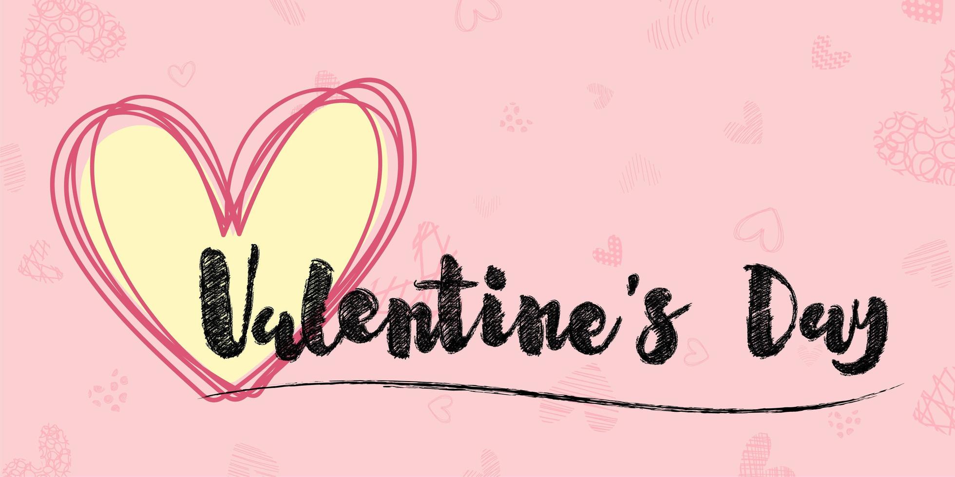 Valentijnsdag hand letters en getekende hart banner vector