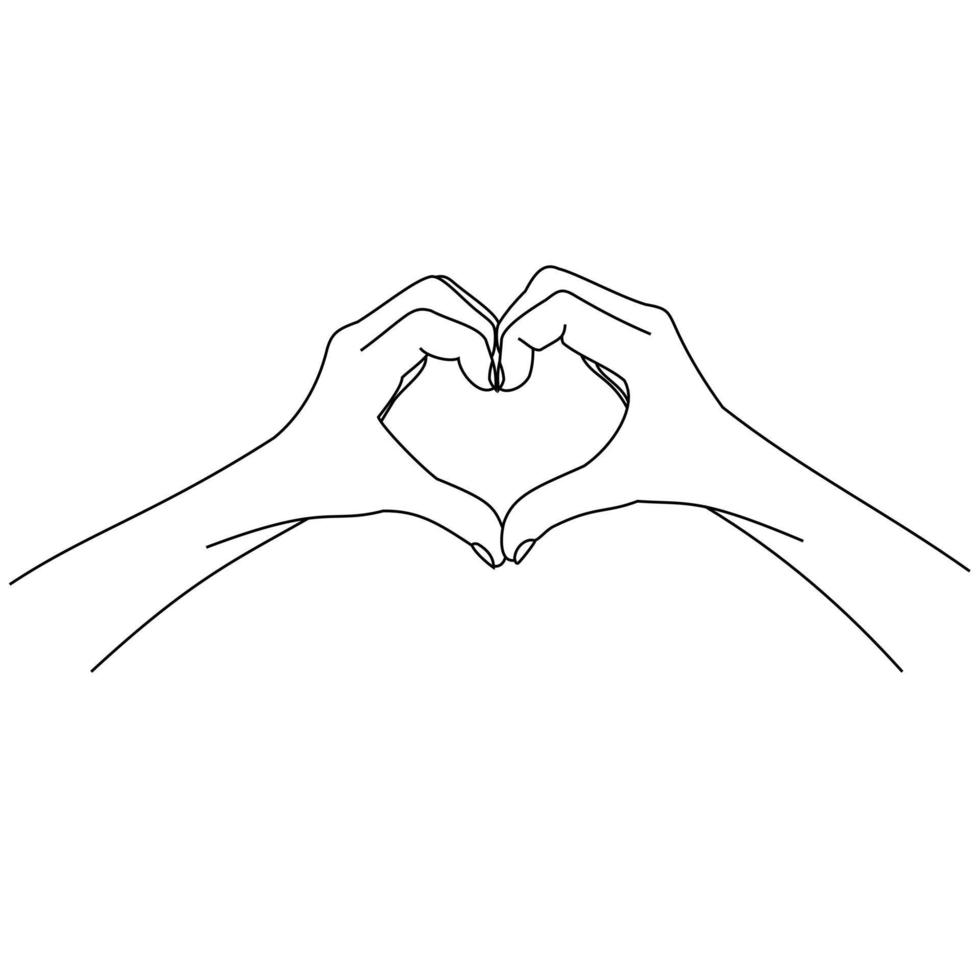 illustratie lijntekening een close-up vrouw en man handen met teken of vorm van harten. hart handgebaar. handen van twee verliefde mensen die hart maken met vingers. hartontwerp voor shirt of jas vector