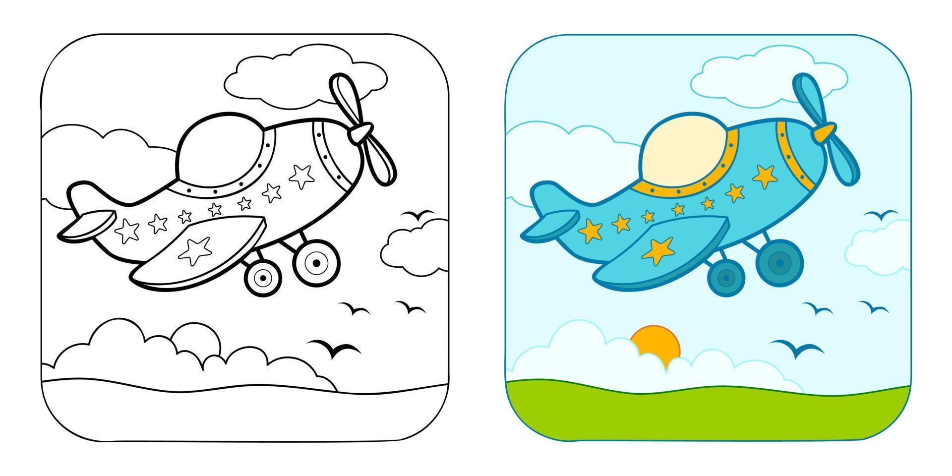 kleurboek of kleurplaat voor kinderen. vliegtuig vector illustratie clipart. natuur achtergrond.