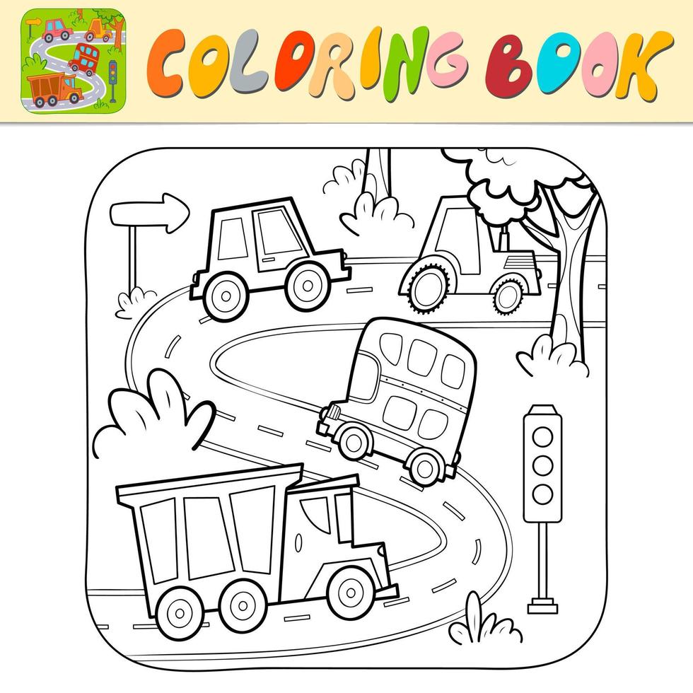 kleurboek of kleurplaat voor kinderen. auto zwart-wit vectorillustratie. natuur achtergrond vector