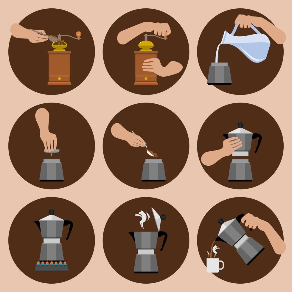 bewerkbare percolator koffie brouwen instructie vector illustratie pictogrammen instellen voor café met Italiaanse geschiedenis en cultuur traditie gerelateerd ontwerp