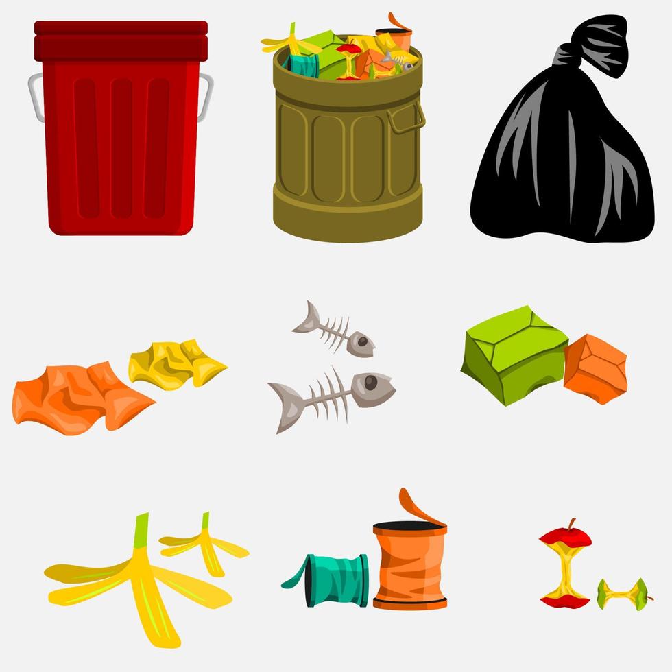 bewerkbare geïsoleerde vuilnisbakken en vuilnisbakken instellen vectorillustratie voor milieuconcept vector
