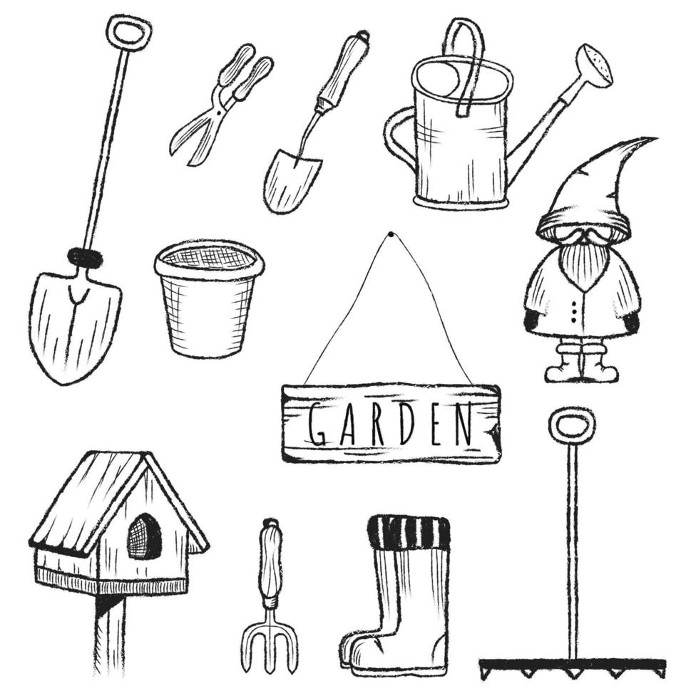 handgetekende tuinset. geïsoleerde vector doodle elementen voor tuin. schop, gieter, hark, vogelhuisje, tuinkabouter, laarzen, bloempotpictogrammen