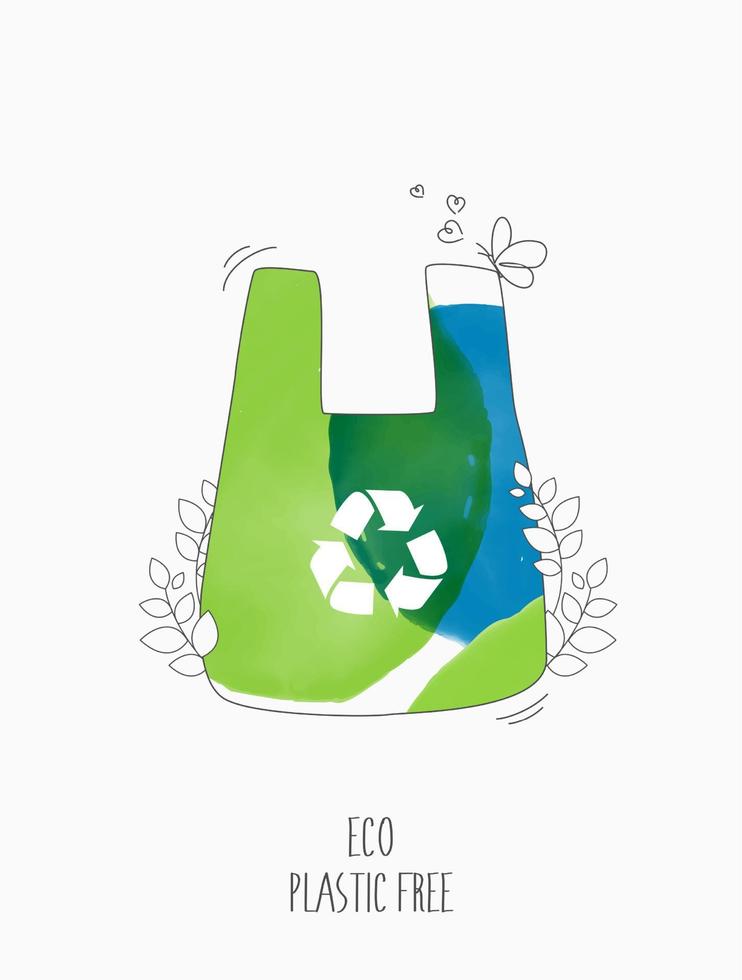 plasticvrij ecologisch. nee tegen plastic en polyethyleen zakken met groene spruit en bladeren. milieu aarde dag op natuur veld gras bosbehoud concept. vector ontwerp
