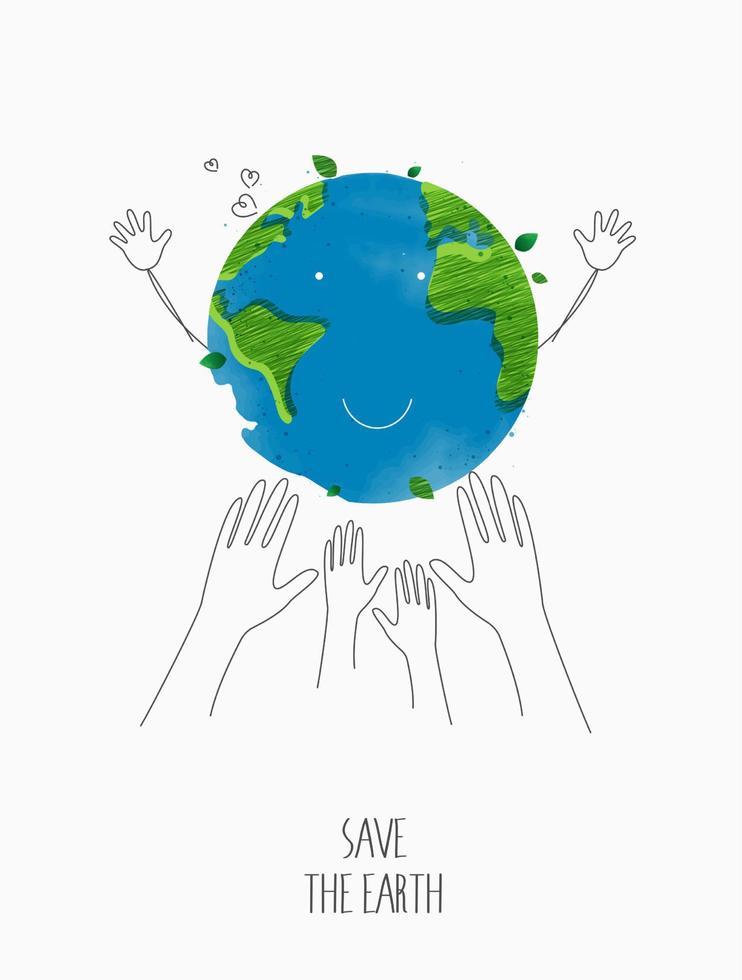 milieuvriendelijk concept. eco met de wereldbol, wereldkaart en handen om het milieu te redden, schone groene planeet te redden, ecologieconcept. kaart voor wereld aarde dag. vector ontwerp
