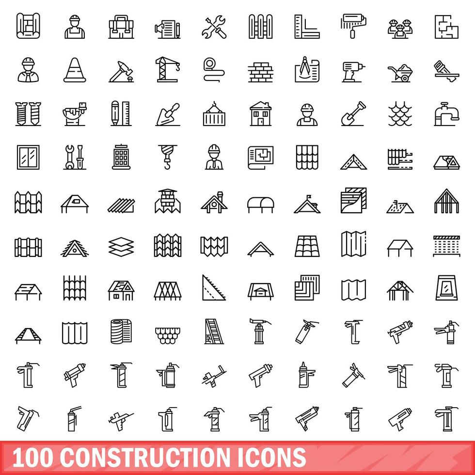 100 bouw iconen set, Kaderstijl vector