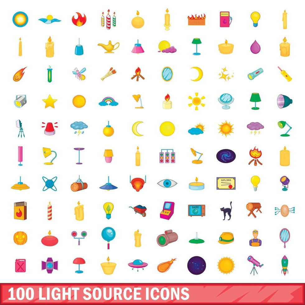 100 lichtbron iconen set, cartoon stijl vector