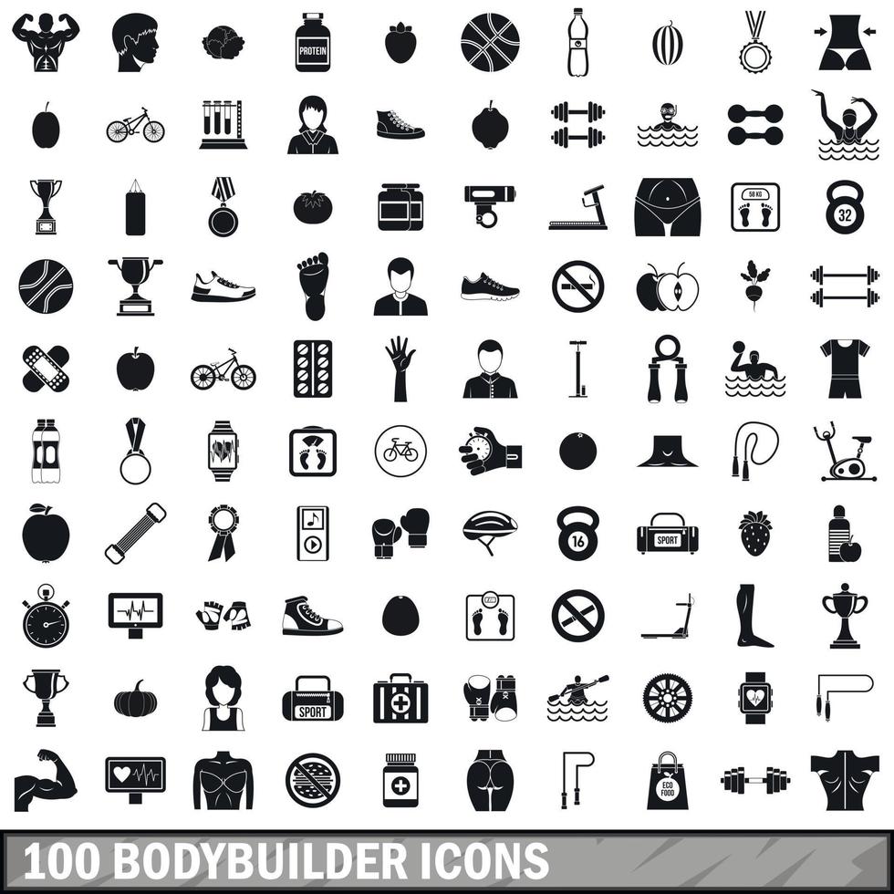 100 bodybuilder iconen set, eenvoudige stijl vector