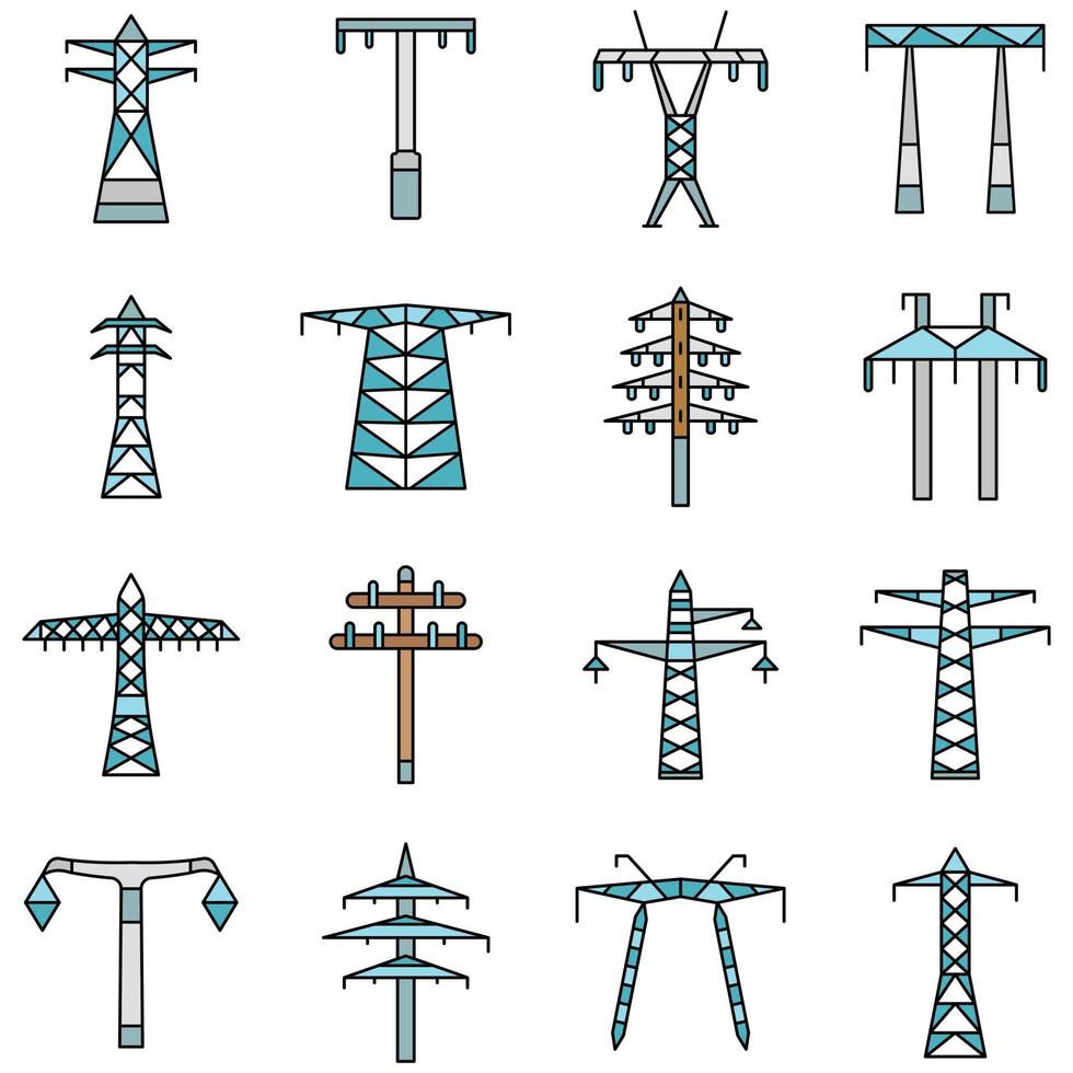 elektrische toren pictogrammenset, Kaderstijl vector