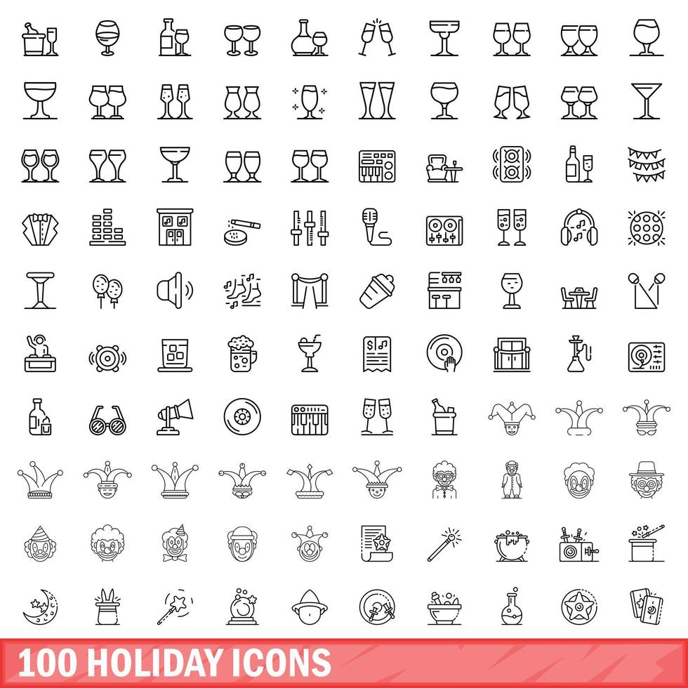 100 vakantie iconen set, Kaderstijl vector