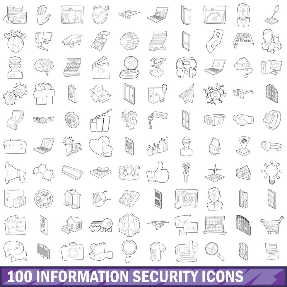 100 informatiebeveiliging iconen set, Kaderstijl vector