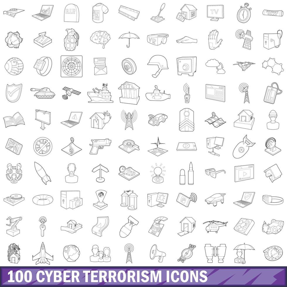 100 cyberterrorisme iconen set, Kaderstijl vector