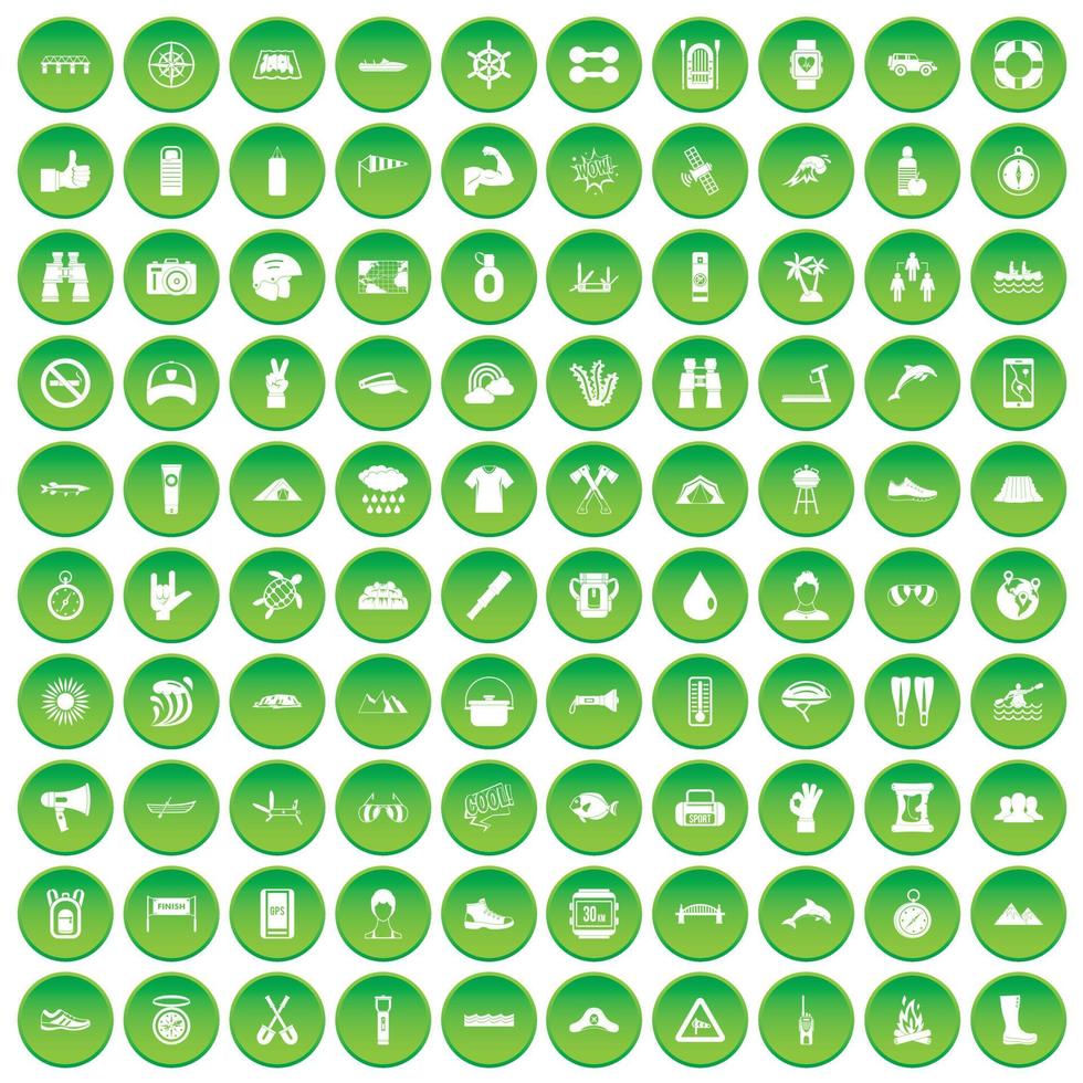 100 rafting pictogrammen instellen groene cirkel vector