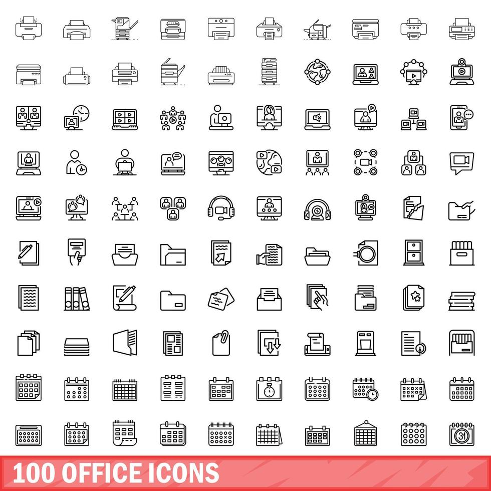 100 kantoor iconen set, Kaderstijl vector