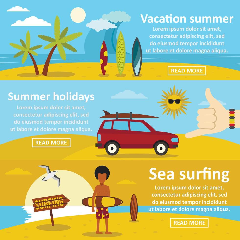 vakantie zomer banner horizontale set, vlakke stijl vector
