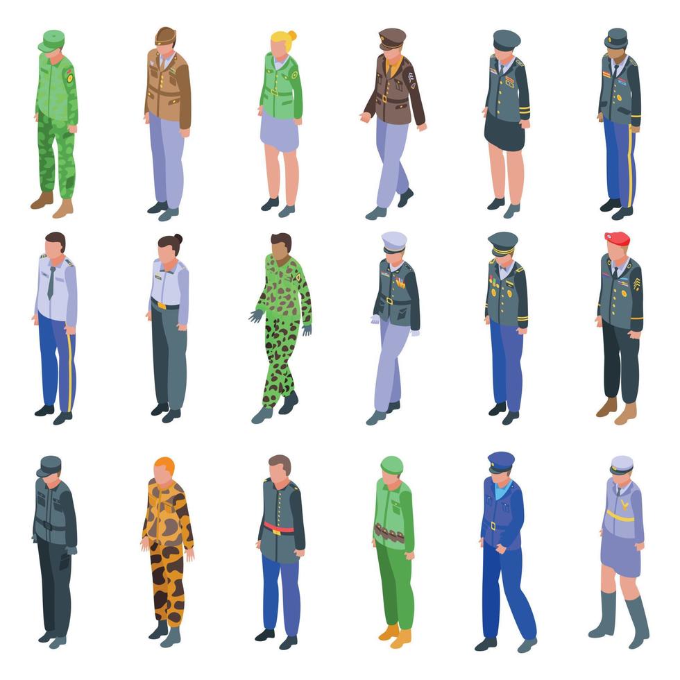 militair uniform iconen set, isometrische stijl vector