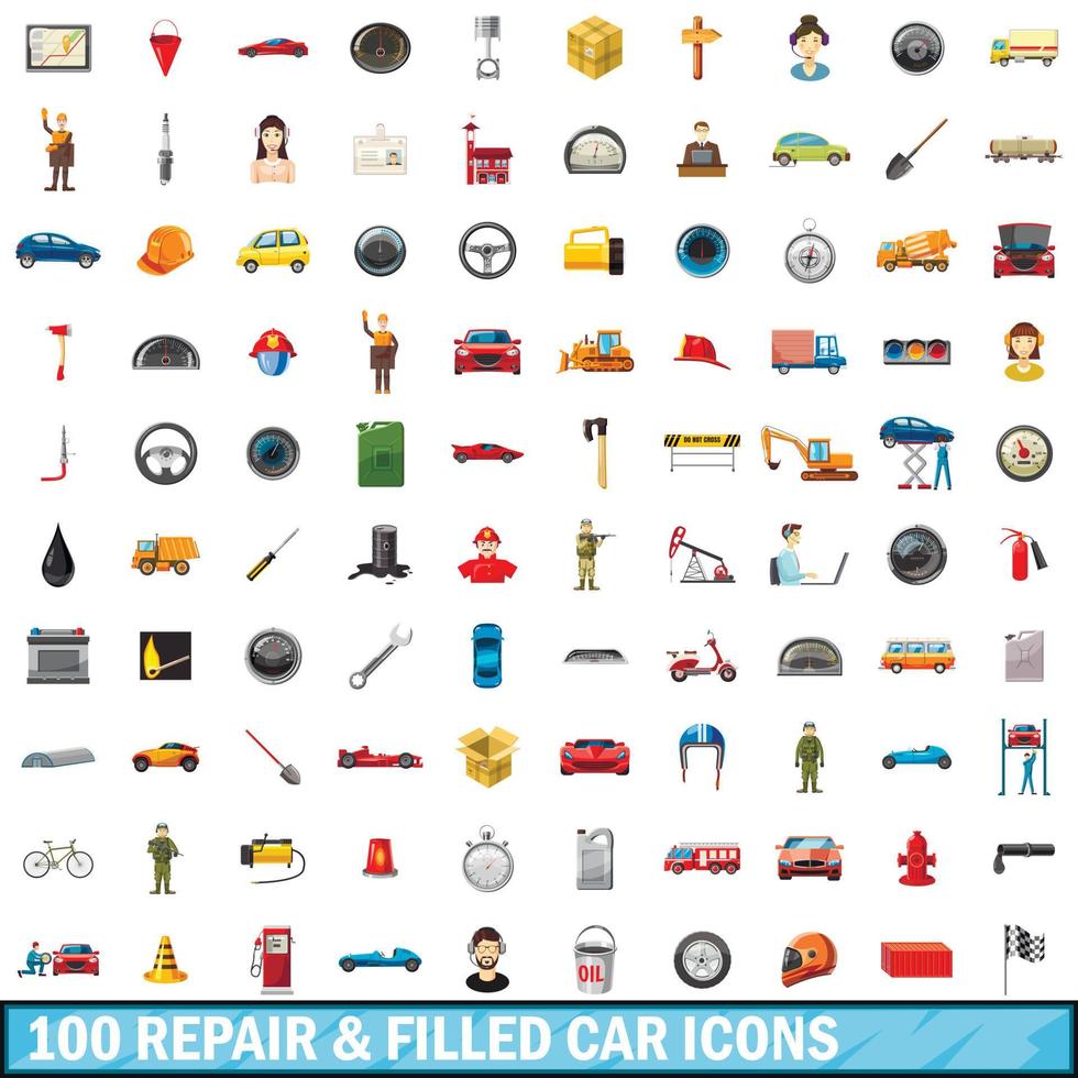 100 reparatie gevulde auto iconen set, cartoon stijl vector