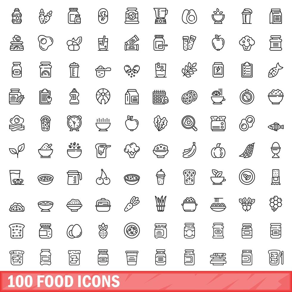 100 voedsel iconen set, Kaderstijl vector