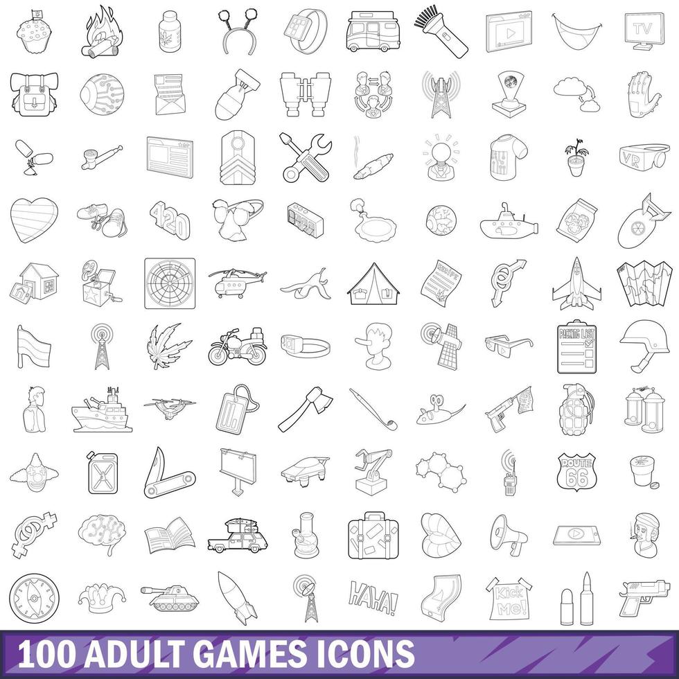 100 volwassen spellen iconen set, Kaderstijl vector