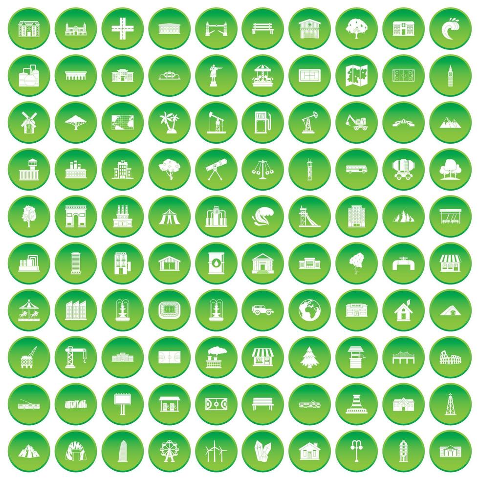 100 landschapselementpictogrammen instellen groene cirkel vector