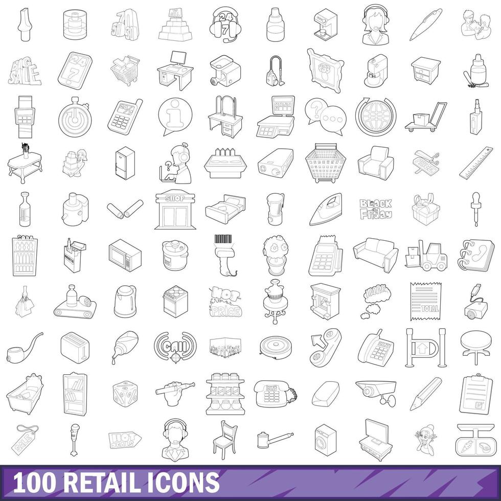 100 winkel iconen set, Kaderstijl vector