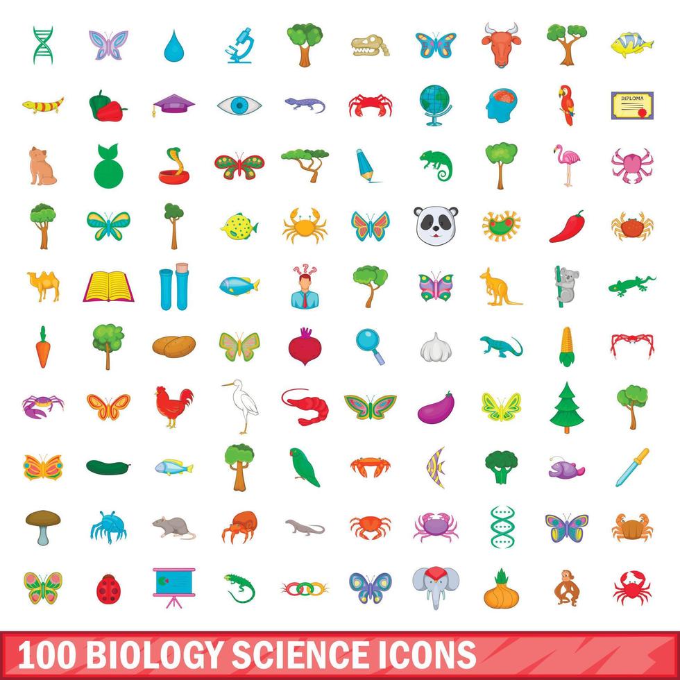 100 biologie wetenschap iconen set, cartoon stijl vector